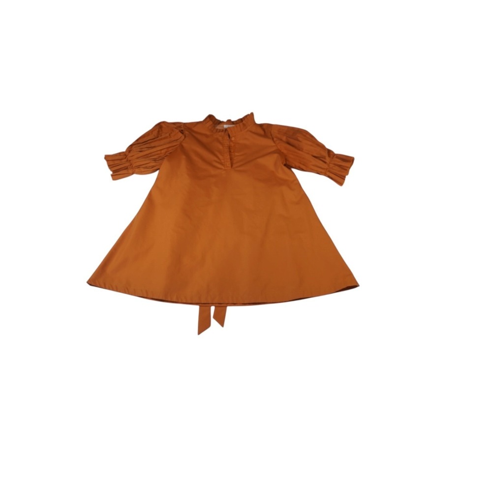 TCEC Mini Dress Women Large Orange Pleated Puff Sleeve Ruffle High Neck Back Tie